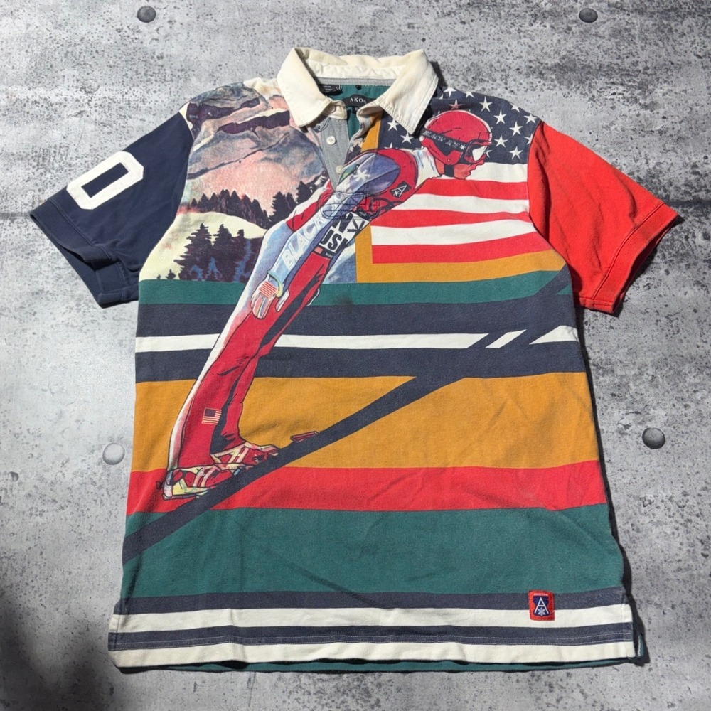 00s/Y2K AKOO Mens Ski Jumper AOP American Flag Graphic Polo Shirt Multi Color XL